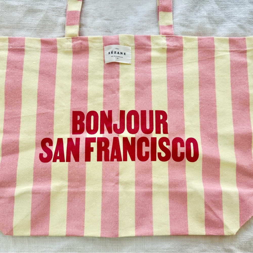 Sezane Pink and Yellow Striped Shopping Bag